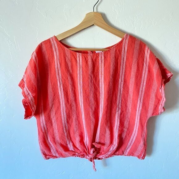 GAP Linen Blend Short Sleeve Tie Front Stripe Top - Picture 2 of 8